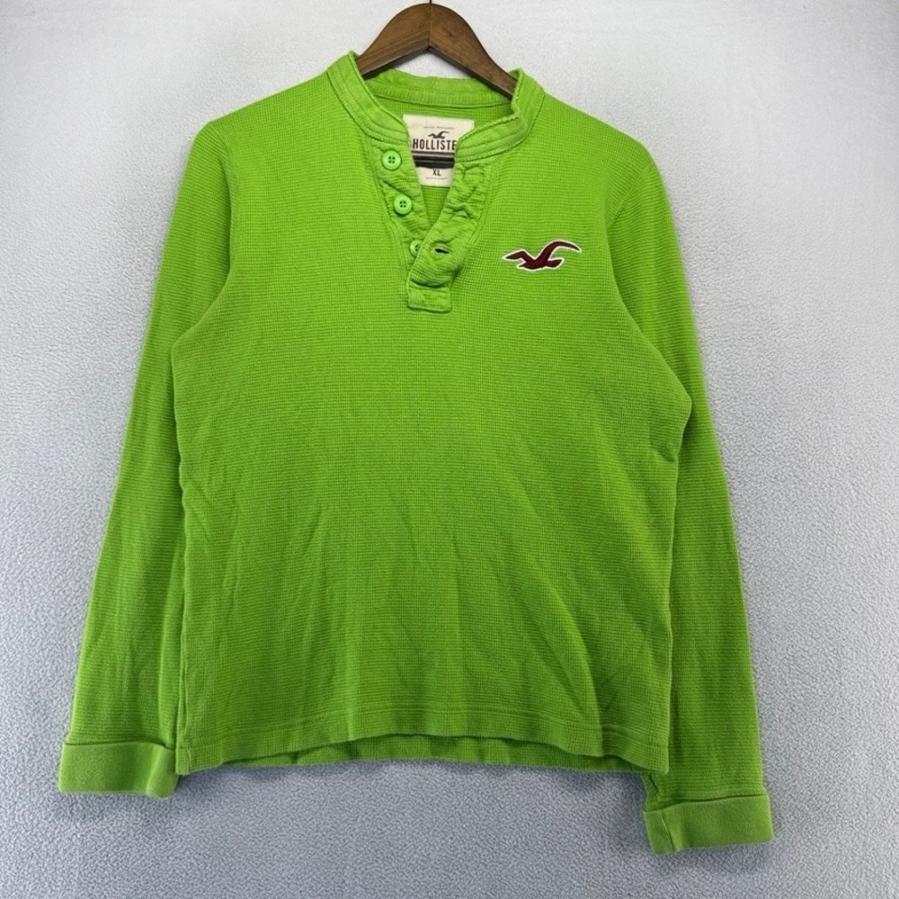Vintage Hollister Shirt Mens XL Green Thermal Waffle Knit Henley Muscle y2k Logo